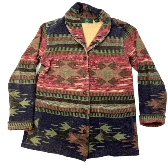 Orvis Southwestern Cotton Fleece Aztec Coat Jacket Shawl Collar Runs Large. - Picture 9 of 10